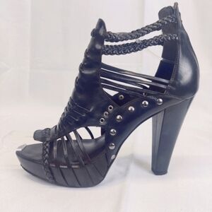 Pour La Victoire Heels Black Strappy Leather Platform Sandals Ankle High Sz 9.5